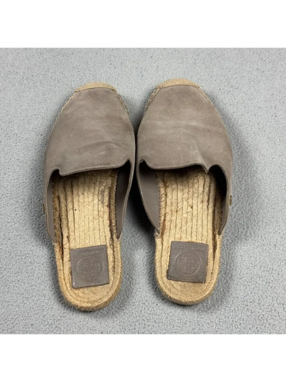 Tory Burch Suede Espadrille Mules Womens Size 8.5 M Taupe Slides Flat Slipper